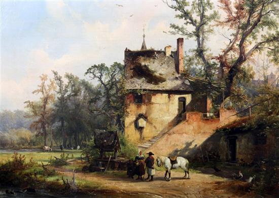 C. Schumann (19th C.) Figures beside a country house, 22 x 31in.